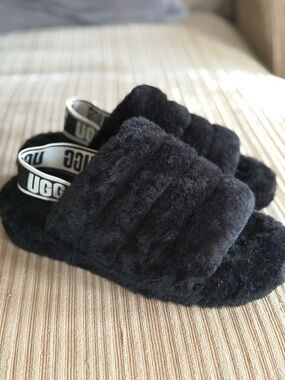 UGG Black Shearling Slide with Branded Heel Strap